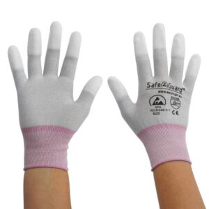 ESD Handschuhe mit beschichteten Fingerkuppen – 80% Nylon, 20% Carbon, nahtlos, antistatisch, Größe S, verschiedene Bündchenfarben