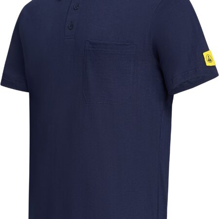 ESD Poloshirt 150 g/m² mit Brusttasche, marineblau, DIN EN 61340-5-1, schwarzer Polokragen, Knopfleiste, 96% Baumwolle, 4% Carbonfaser, Größe S