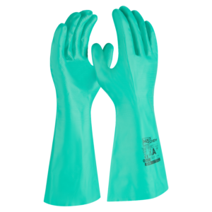 Hi5 X Chem Nitril Handschuhe Typ A JKLMNOPST – Grün, flockgefüttert, chloriert, Nitrilkautschuk, Anti-Rutsch, FDA-konform für Lebensmittelkontakt, langlebig & komfortabel, Chemie & Industrie, VE 144 Paar